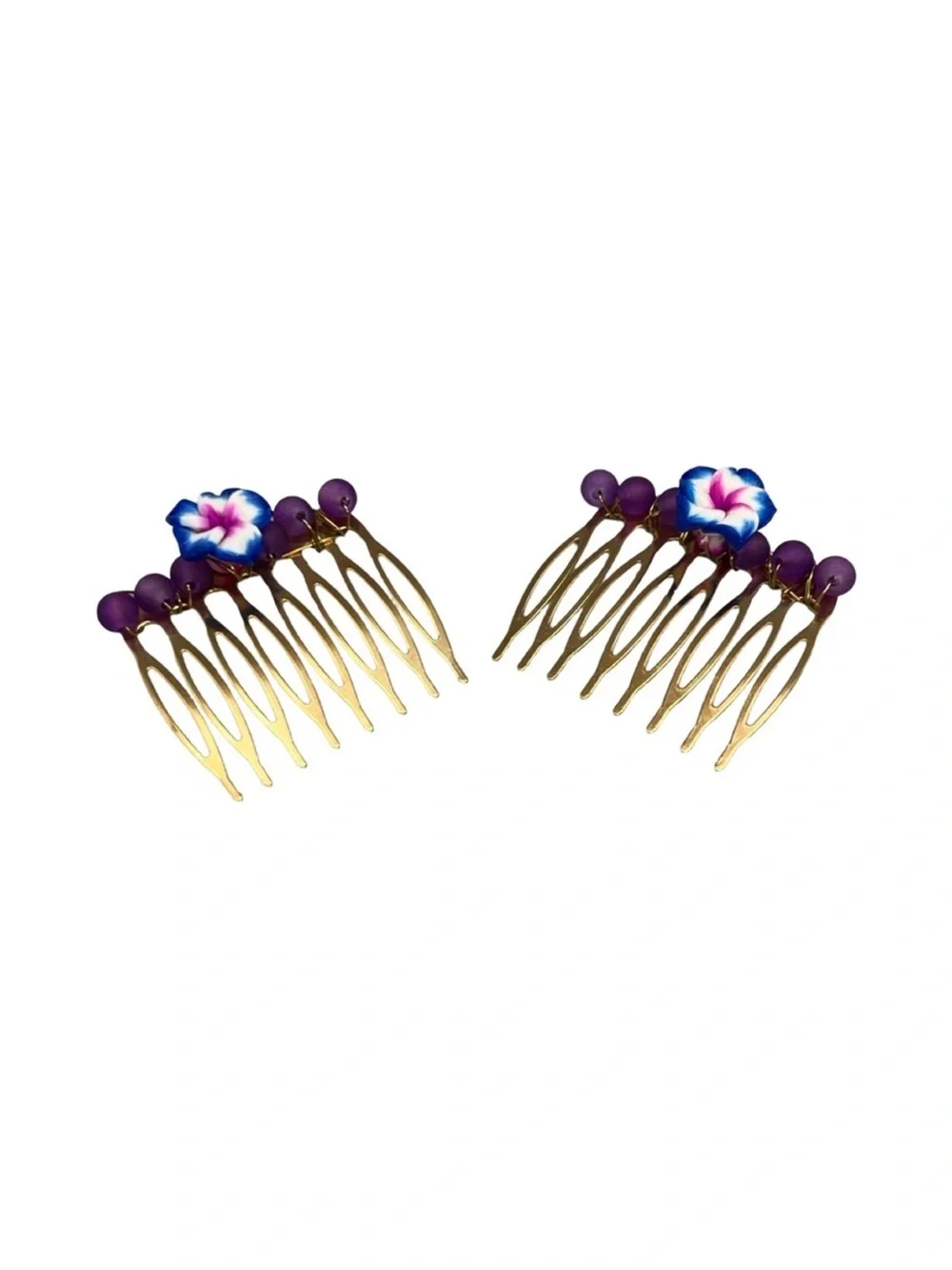 Gold Hair Comb Pair Purple Beads and Blue-Pink FINAL PRICE DROP
